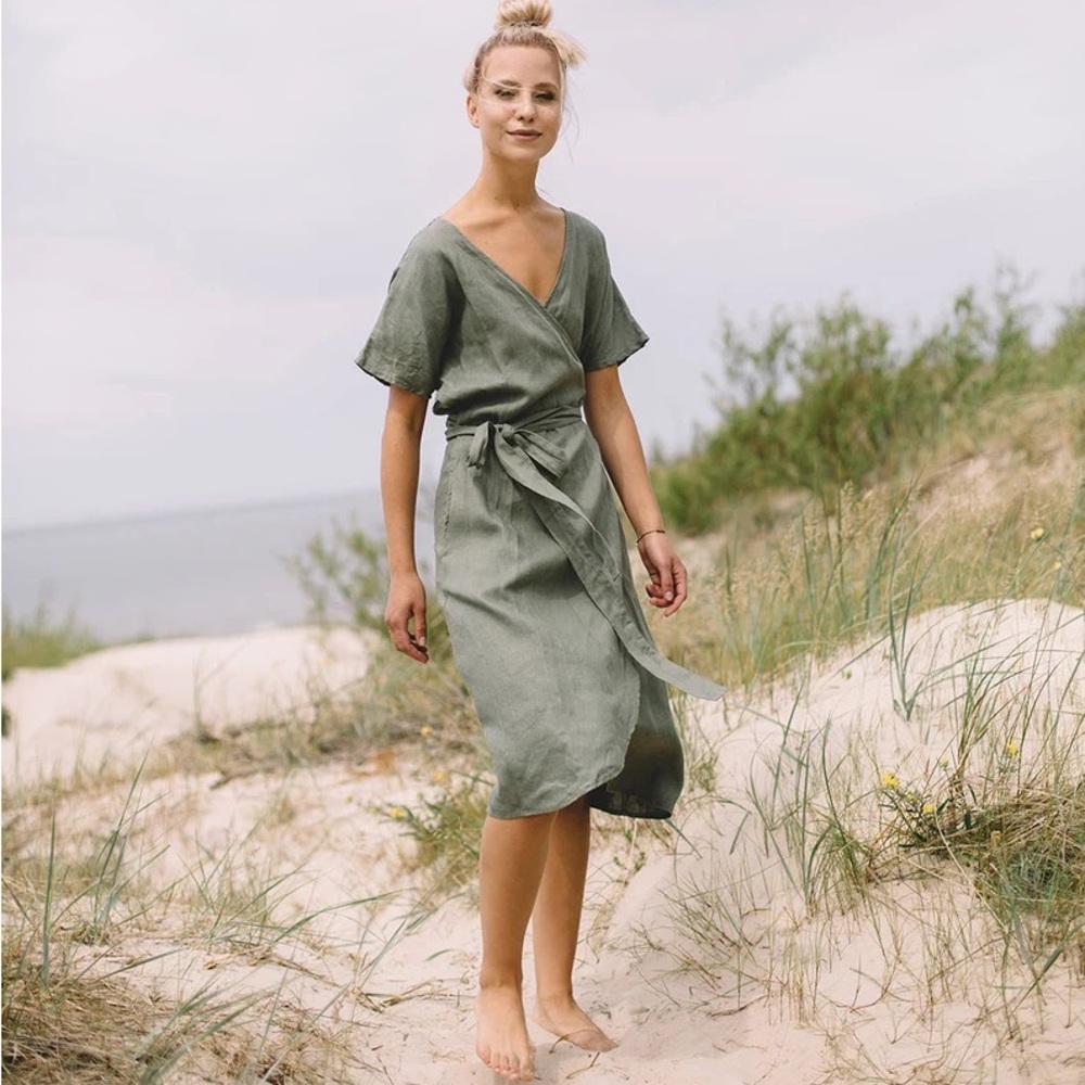 Linenfox Linen Wrap Midi Dress in Pine Green